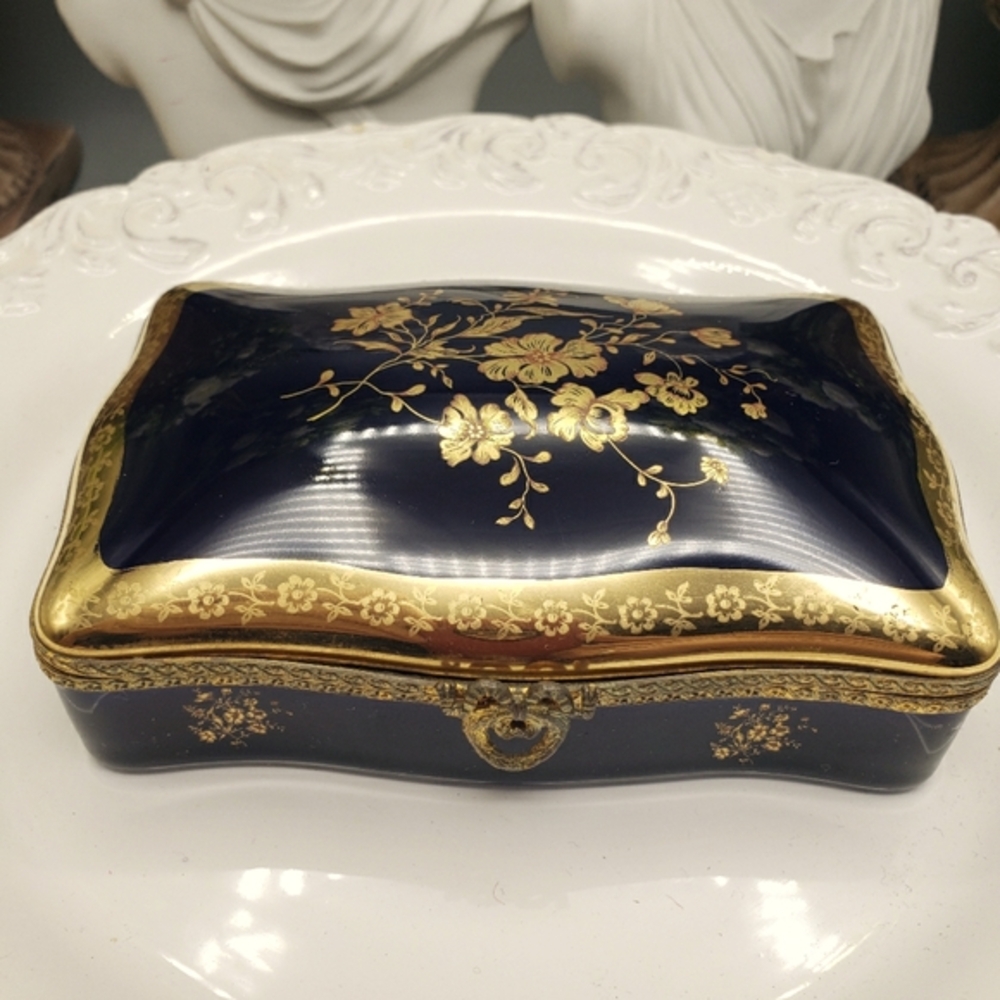 Limoges Large Porcelain Cobalt Blue Gold Hinged Jewelery Box 1970's era Regency